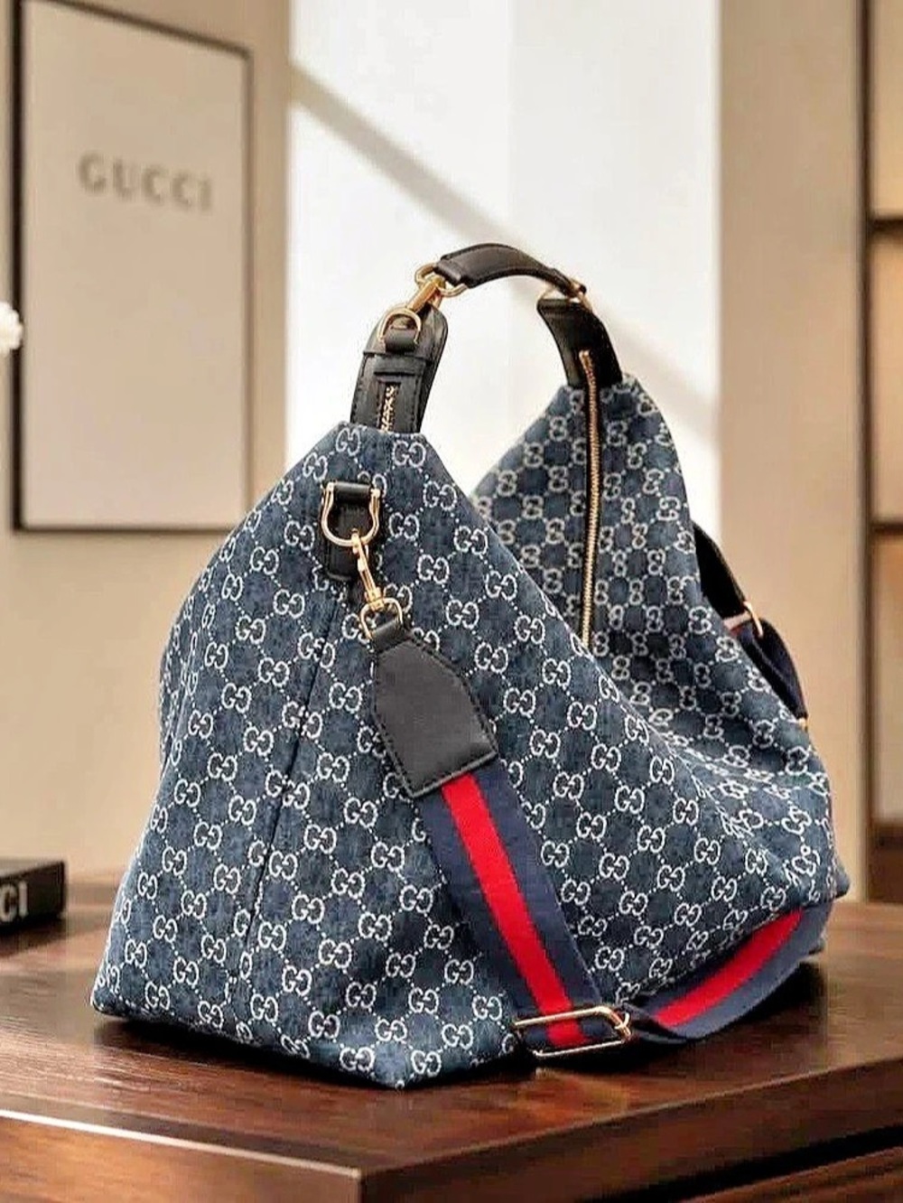 GG Monogram Denim  Hobo Bag Black & Red